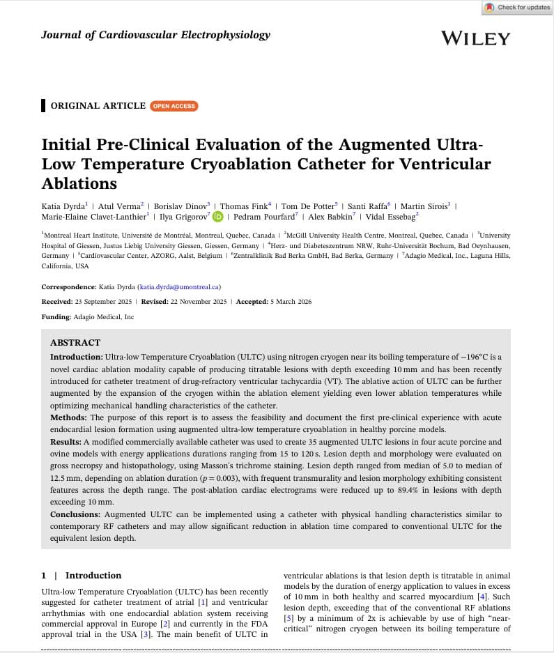 Initial Pre‐Clinical Evaluation of the Augmented Ultra‐Low Temperature Cryoablation Catheter for Ventricular Ablation