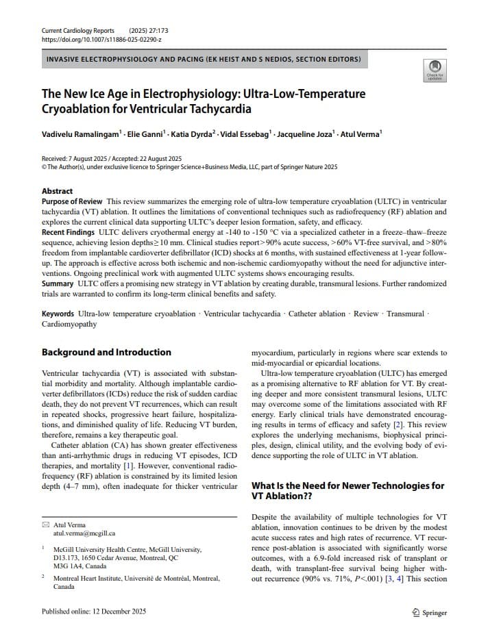 The New Ice Age in Electrophysiology: Ultra-Low-Temperature Cryoablation for Ventricular Tachycardia