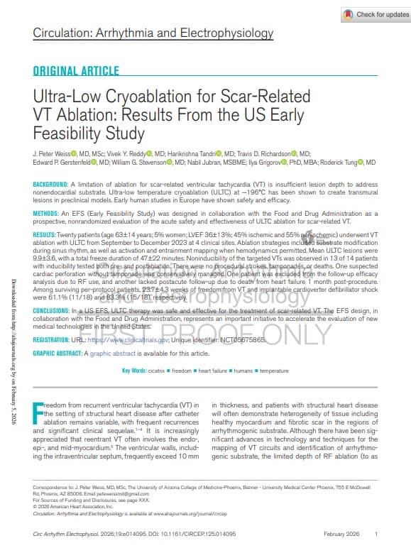 Ultra-Low Cryoablation for Scar-Related VT Ablation: Results From the US Early Feasibility Study